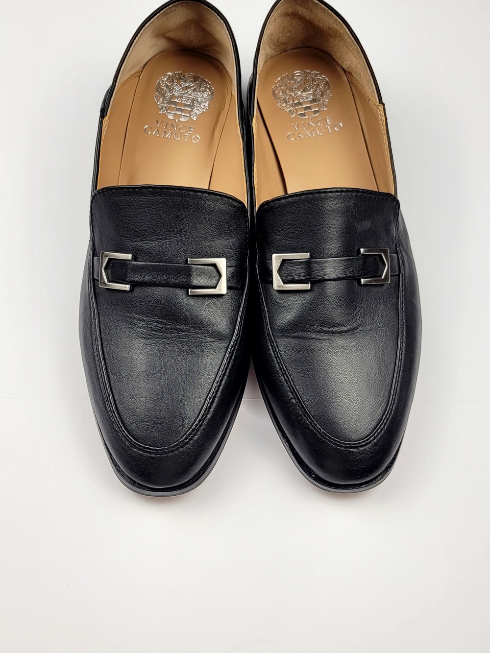 Women Vince Camuto Black Leather Loafers Size 9M Slip On Flats - Picture 2 of 6
